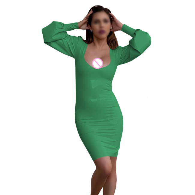 Women's Sexy Deep U-neck Mini Dress Nightclub Solid Color Long Sleeve PVC Tight Dress Wetlook Patent Leather Club Party Dresses