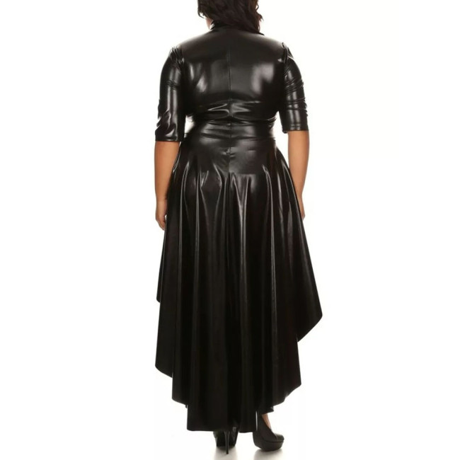 Womens Solid Color Irregular Hem Long Dress Elegant Half Sleeve PU Leather Mermaid Dress Ladies High-Low Pleated Dresses Tops