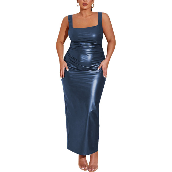 Sexy Bodycon Strap Maxi Dress Women PU Leather Matte Sleeveless Slim Fit Solid Color Dress Revelry Party Gowns Vestido Clubwear