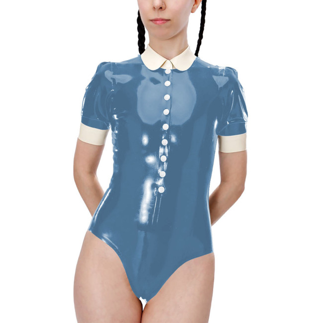 Fetish Short Sleeve High Cut Lingerie Sexy Bodysuit Shiny PVC Leather Turn-down Collar Button One-pieces Bodysuit Sexy Costume