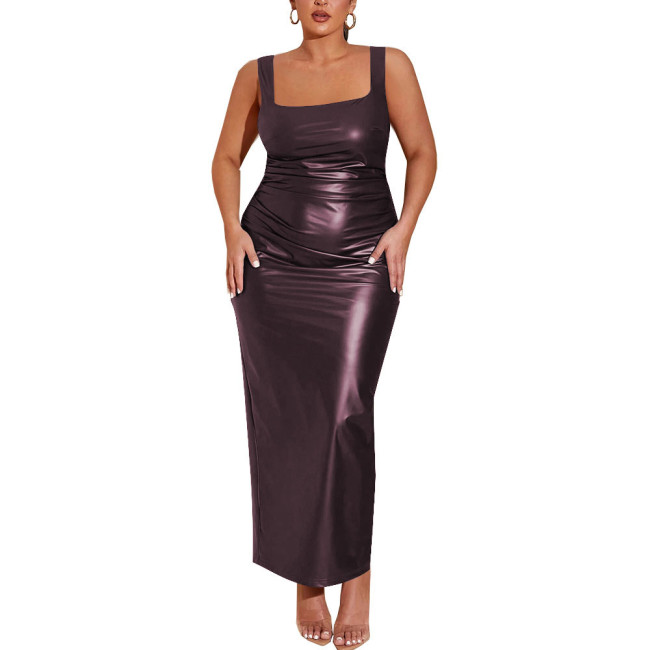 Sexy Bodycon Strap Maxi Dress Women PU Leather Matte Sleeveless Slim Fit Solid Color Dress Revelry Party Gowns Vestido Clubwear