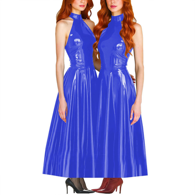 Elegance Pleated Maxi Dress for Women PVC Leather Sleeveless Slim Fit A-line Long Dress Ball Gowns Sexy Women Clothing Vestido