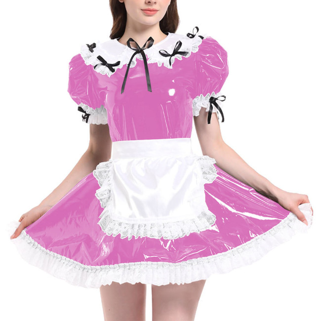 Sissy Puff Short Sleeve French Maid Uniforms Wet Look PVC Leather Servant Maid Dress with Apron Lolita Cosplay Teddy Babydoll