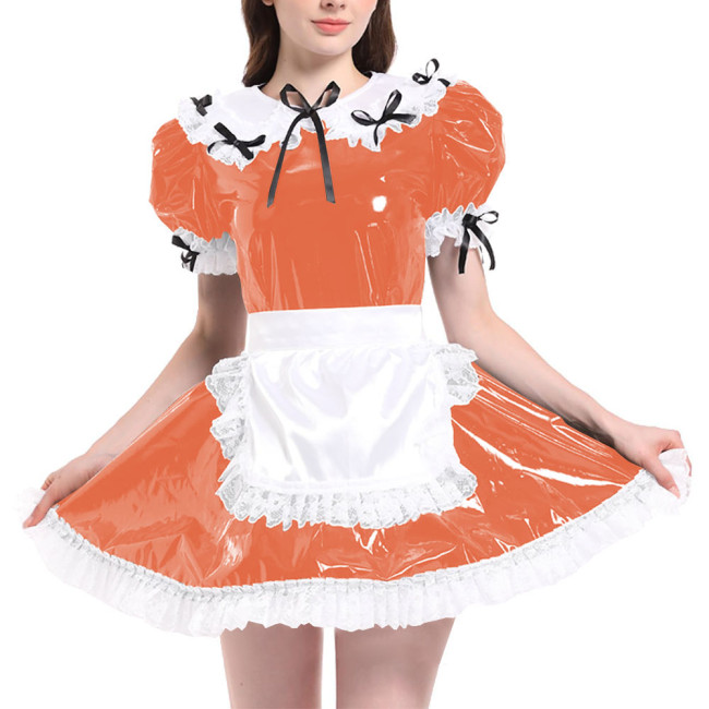 Sissy Puff Short Sleeve French Maid Uniforms Wet Look PVC Leather Servant Maid Dress with Apron Lolita Cosplay Teddy Babydoll