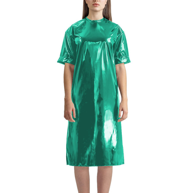Fashion Vinyl PVC Leather T-shirt Dress Latex-look Short Sleeve Long T-Shirt Women Straight Knee-length Casual Dress Streetwear