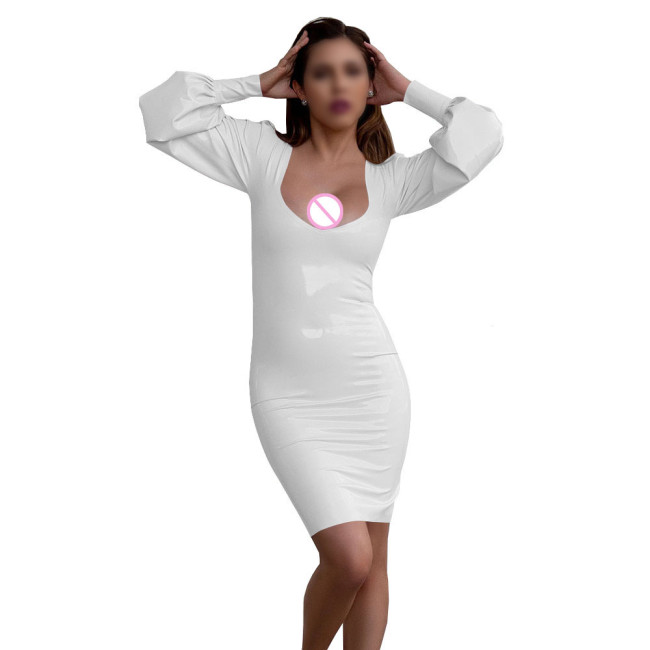 Women's Sexy Deep U-neck Mini Dress Nightclub Solid Color Long Sleeve PVC Tight Dress Wetlook Patent Leather Club Party Dresses