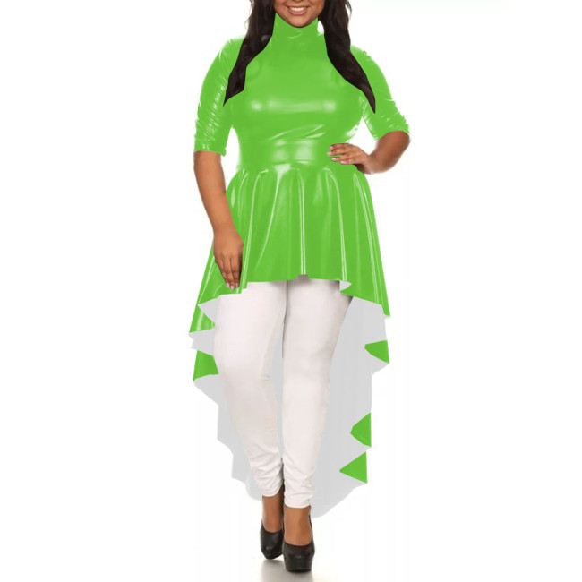 Womens Solid Color Irregular Hem Long Dress Elegant Half Sleeve PU Leather Mermaid Dress Ladies High-Low Pleated Dresses Tops