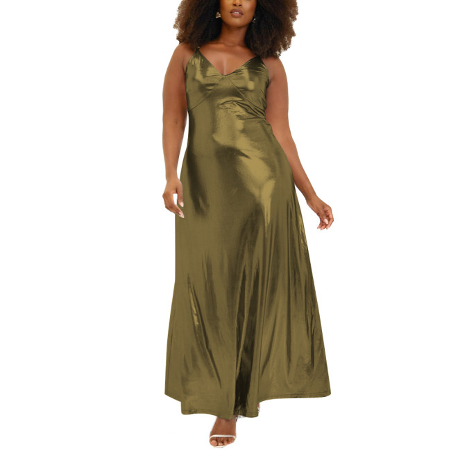 Women Wetlook Spaghetti Strap Casual Summer Dress Liquid Metallic Clothing Fashion Slim Waist A-line Long Dress Club Cocktail