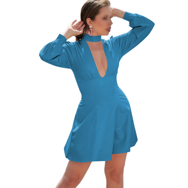 Long Sleeve Solid Color PVC Leather Mini Dress for Women Mock Neck Hollow Out Dress Sissy Sexy Club Party Short Dress Streetwear