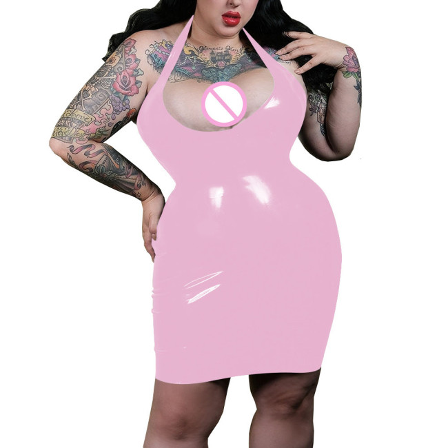 Sexy Plunging Neckline Halter Bodycon Dress Shiny PVC Leather Women Faux Latex Hobble Mini Dress Party Pole Dancing Exotic Dress