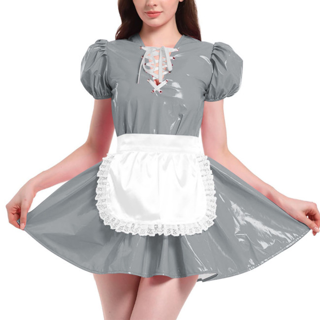 French Maid Outfit Puff Short Sleeve Mini Dress with Apron PVC Leather Sweet Kawaii Maid Cosplay Costume Maid Cross Dressing Set