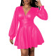 Deep V-neck Dress for Women PU Leather Long Lantern Sleeves Slim Waist Pleated Mini Dress Office Lady Sexy Vestido