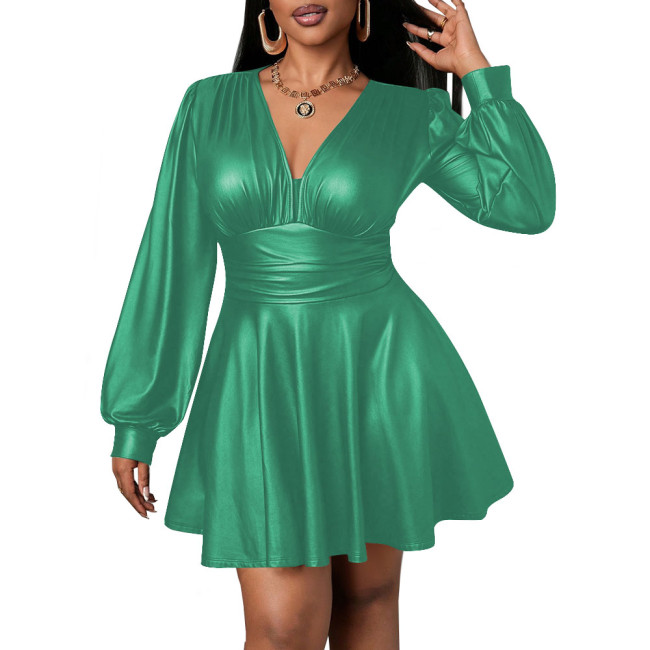 Deep V-neck Dress for Women PU Leather Long Lantern Sleeves Slim Waist Pleated Mini Dress Office Lady Sexy Vestido