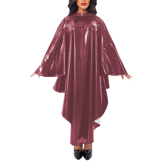 Women Cape Sleeve Loose Robe Maxi Dress Faux Leather Mock Neck Irregular Long Dress Stage Apparel Solid Cape Raincoat Clubwear