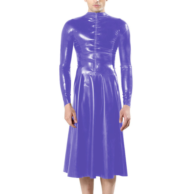 Fashion Unisex Long Sleeves Front Zip Faux Latex Sissy Dress Mock Neck Bodycon A-line Midi Dress Mens Fetish Slim Women Dresses