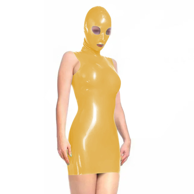 Sissy Novelty Wetlook Bodycon Mini Dress with Mask Hood Womens Sexy Sleeveless Tight Club Dress Party Vinyl PVC Dress Cosplay