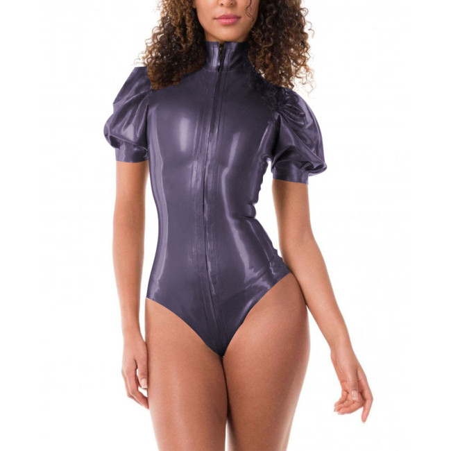 Turtleneck Short Sleeve High Cut Faux Latex Bodysuit Women Front Zipper Bodycon Bodysuits Revelry Party Club PVC Summer Rompers