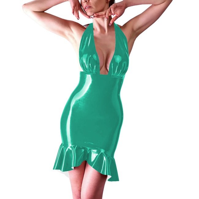 Coctail Party Sexy Backless Tight Dress for Women Latex-look Halter Sleeveless Bodycon Short Robe Evening Elegant Mermaid Dress