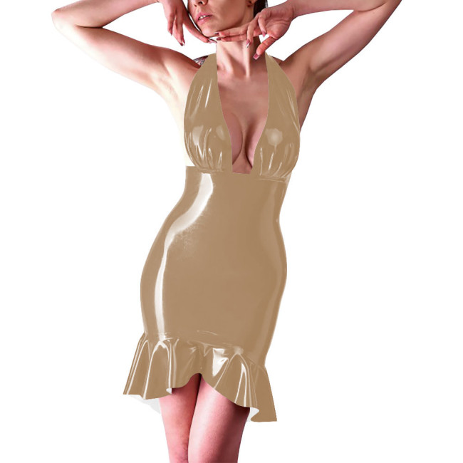 Coctail Party Sexy Backless Tight Dress for Women Latex-look Halter Sleeveless Bodycon Short Robe Evening Elegant Mermaid Dress