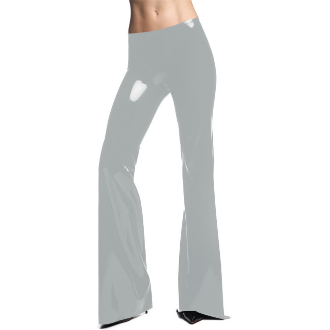 Glossy Office Lady PVC Leather Bodycon Flare Pants Women PVC Leather Tight Solid Slim Long Capris Trousers Female Casual Bottoms