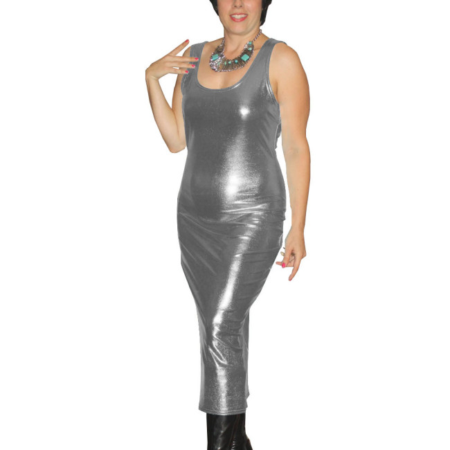 Sexy Slim Fit Maxi Dress Women Shiny Metallic Backless Bandage Sleeveless Pleated Hip Package Party Dress New Split Robe Vestito