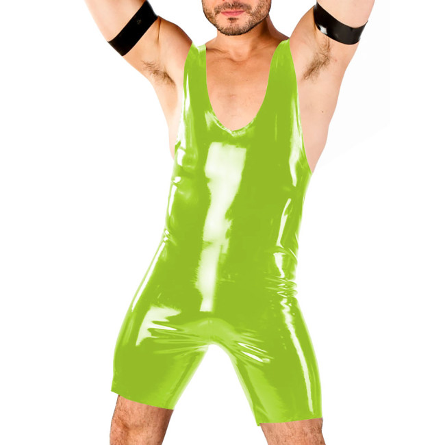 Mens Sexy Glossy Bodysuit Fashion Nightclub One-piece Romper Sleeveless Backless PVC Faux Leather Stretch Short Jumpsuit Cosplay