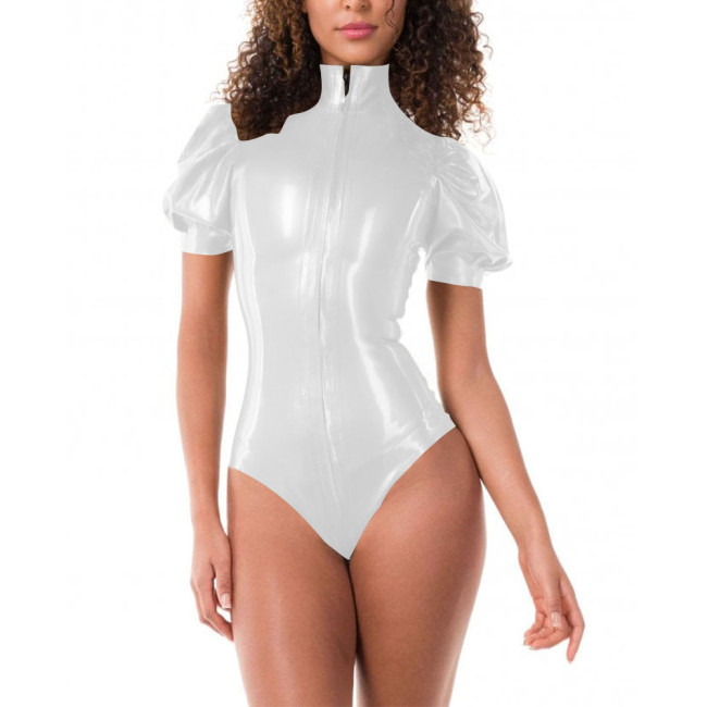 Turtleneck Short Sleeve High Cut Faux Latex Bodysuit Women Front Zipper Bodycon Bodysuits Revelry Party Club PVC Summer Rompers