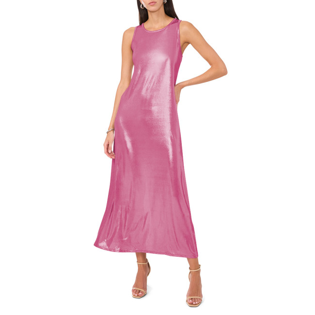Womens Liquid Metallic A-line Dress Fashion Ladies Summer Soft Sparkly Long Dress for Evening Party Costume Sissy Streetwearmale Club