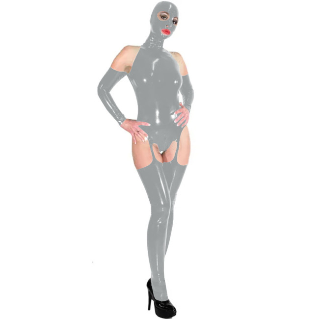 Wet Look PU Leather Sexy Bodysuit Sets Nightclub Party Outfits Mask Over Knee Stockings Gloves Halloween Uniform Masquerade Suit