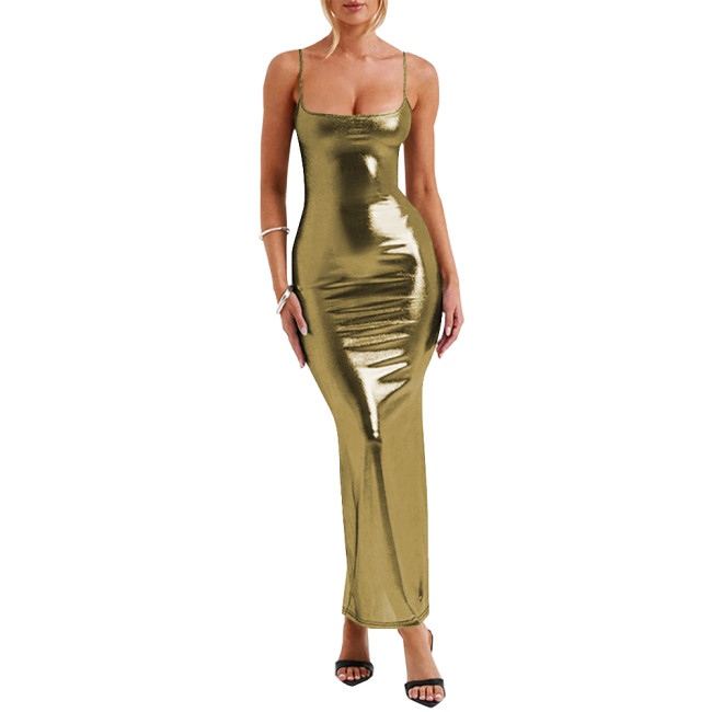 Spaghetti Strap Liquid Metallic Long Dress Sexy Tights Evening Party Vestido Elegant Ladies Soft Sparkly Maxi Dress Clubwear