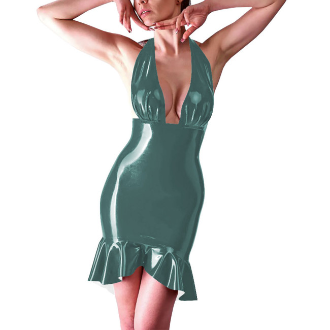 Coctail Party Sexy Backless Tight Dress for Women Latex-look Halter Sleeveless Bodycon Short Robe Evening Elegant Mermaid Dress