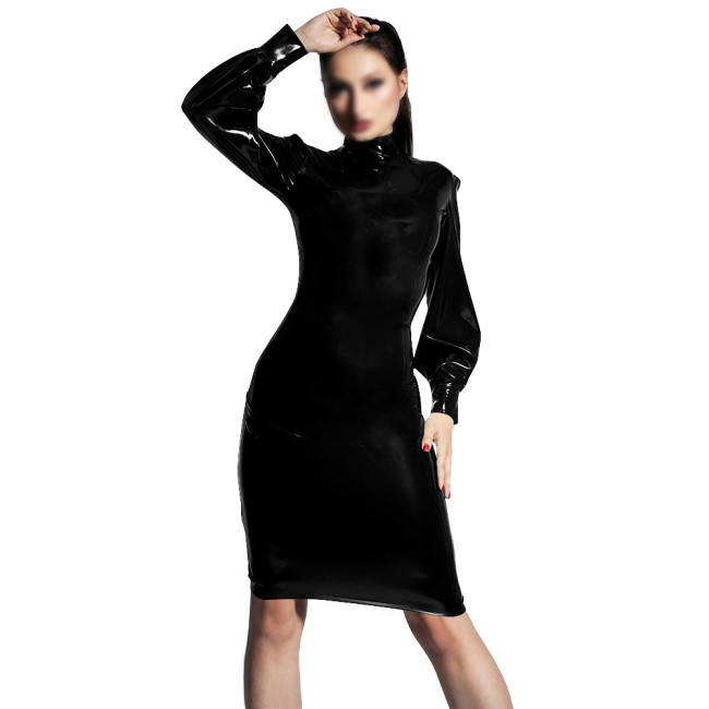 PVC Shiny Leather Elegant Bodycon Dress Turtleneck Long Sleeved Slimming Dresses Transparent Womens Knee-length Party Club Dress