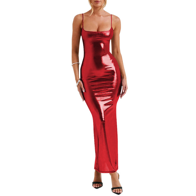 Spaghetti Strap Liquid Metallic Long Dress Sexy Tights Evening Party Vestido Elegant Ladies Soft Sparkly Maxi Dress Clubwear