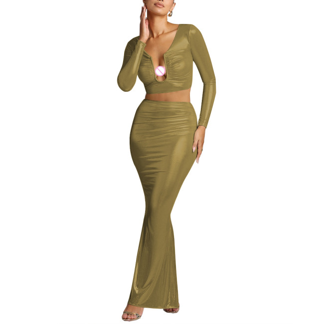 Party Shiny Liquid Metallic 2 Piece Sets Womens Skirts Outfits Sexy Long Sleeve U-neck Croped Tops with Long Skirts Dailywear