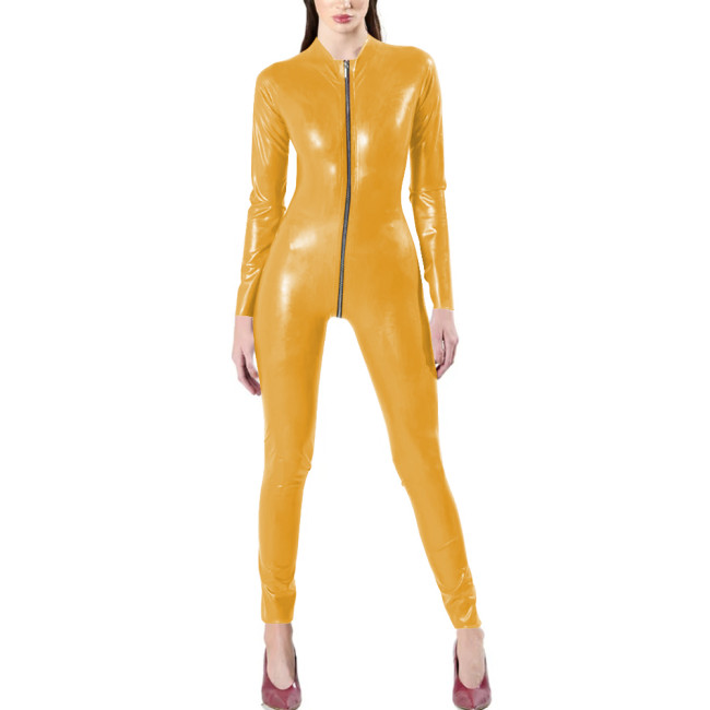 Fetish Queen Women Long Sleeve Jumpsuits Exotic Round Neck Sexy Open Crotch Skinny Rompers PVC Leather Nightclub Leotard Sissy