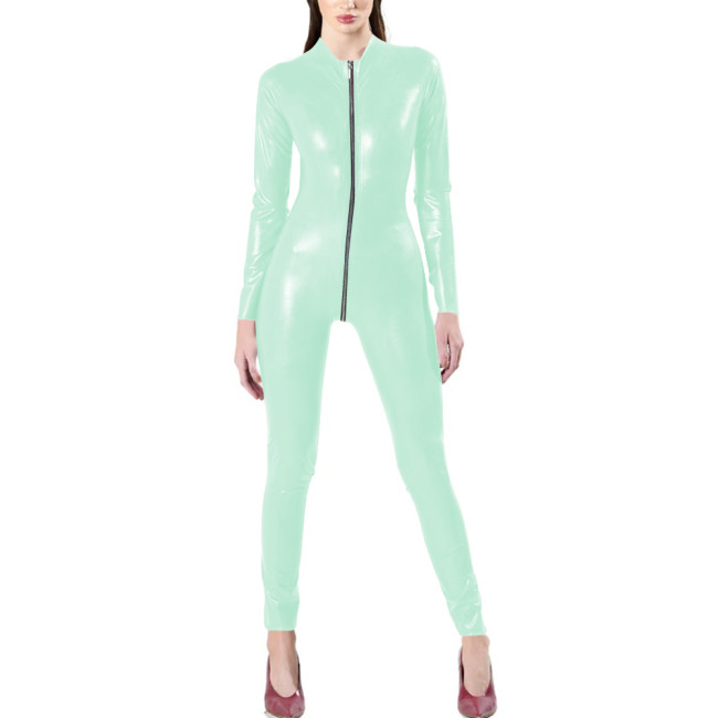 Fetish Queen Women Long Sleeve Jumpsuits Exotic Round Neck Sexy Open Crotch Skinny Rompers PVC Leather Nightclub Leotard Sissy