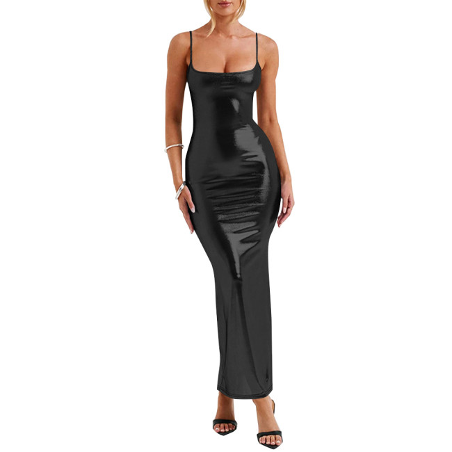 Spaghetti Strap Liquid Metallic Long Dress Sexy Tights Evening Party Vestido Elegant Ladies Soft Sparkly Maxi Dress Clubwear