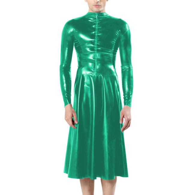 Fashion Unisex Long Sleeves Front Zip Faux Latex Sissy Dress Mock Neck Bodycon A-line Midi Dress Mens Fetish Slim Women Dresses