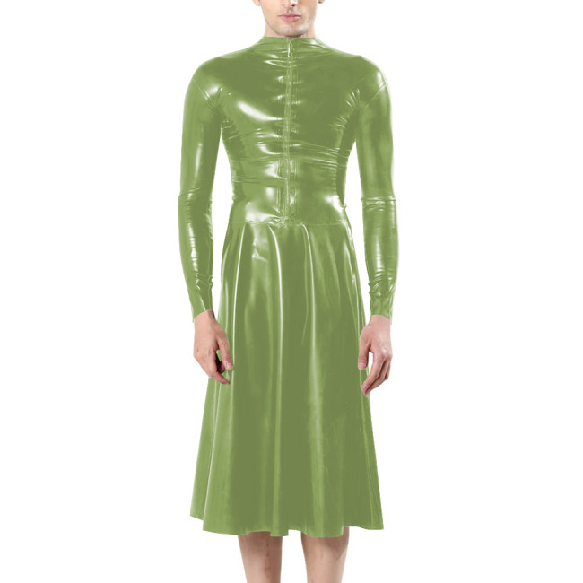 Fashion Unisex Long Sleeves Front Zip Faux Latex Sissy Dress Mock Neck Bodycon A-line Midi Dress Mens Fetish Slim Women Dresses