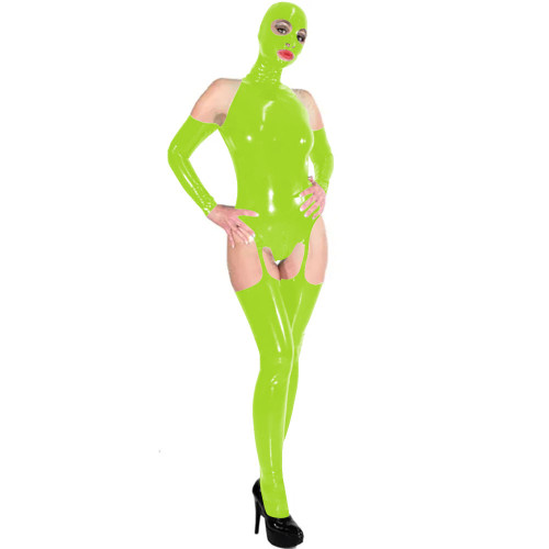 Wet Look PU Leather Sexy Bodysuit Sets Nightclub Party Outfits Mask Over Knee Stockings Gloves Halloween Uniform Masquerade Suit