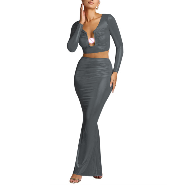 Party Shiny Liquid Metallic 2 Piece Sets Womens Skirts Outfits Sexy Long Sleeve U-neck Croped Tops with Long Skirts Dailywear