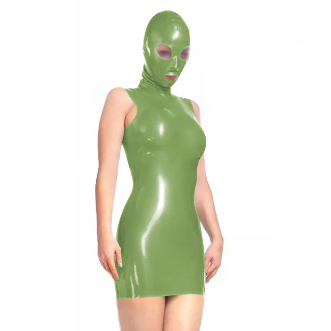 Sissy Novelty Wetlook Bodycon Mini Dress with Mask Hood Womens Sexy Sleeveless Tight Club Dress Party Vinyl PVC Dress Cosplay