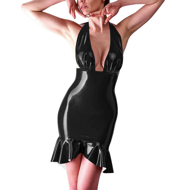 Coctail Party Sexy Backless Tight Dress for Women Latex-look Halter Sleeveless Bodycon Short Robe Evening Elegant Mermaid Dress