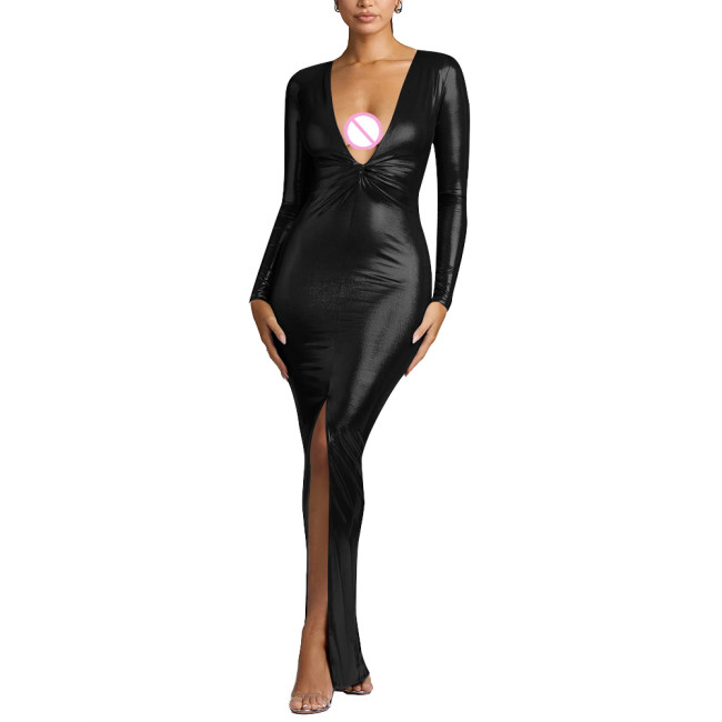 Elegant V-Neck Maxi Dress Liquid Metallic Long Sleeved Backless Evening Gown Womens Sexy Slim Fit Formal Dress Shiny Prom Outfitearns Evening Party Dress