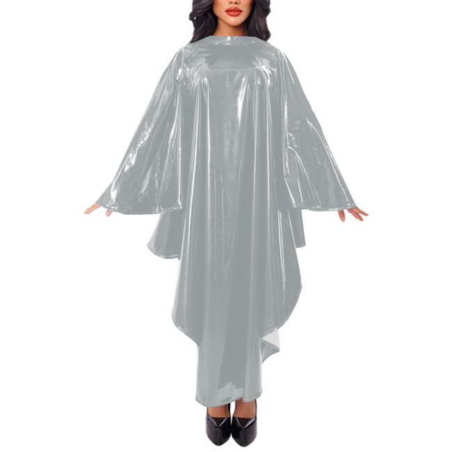 Women Cape Sleeve Loose Robe Maxi Dress Faux Leather Mock Neck Irregular Long Dress Stage Apparel Solid Cape Raincoat Clubwear