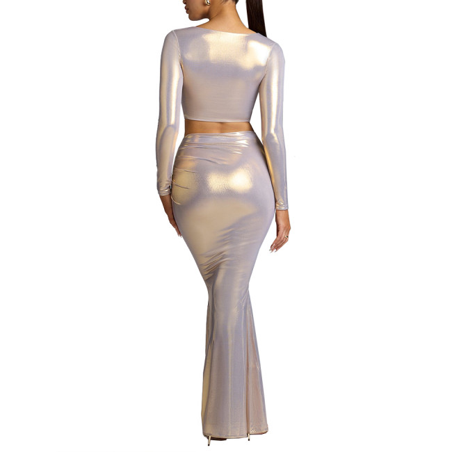 Party Shiny Liquid Metallic 2 Piece Sets Womens Skirts Outfits Sexy Long Sleeve U-neck Croped Tops with Long Skirts Dailywear