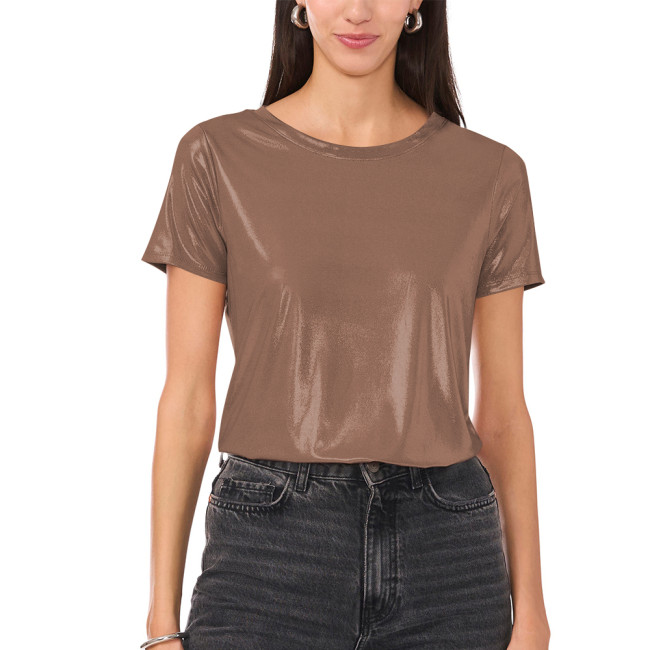 Casual Womens Short Sleeve Liquid Metallic Tops High Street Crewneck T-shirts Female Glitter Sparkly Tees Party Club Concert
