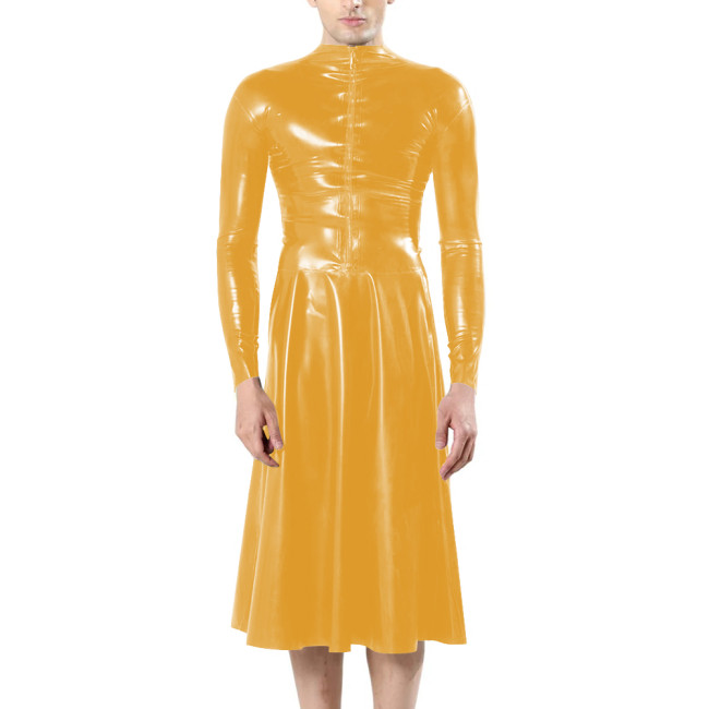 Fashion Unisex Long Sleeves Front Zip Faux Latex Sissy Dress Mock Neck Bodycon A-line Midi Dress Mens Fetish Slim Women Dresses