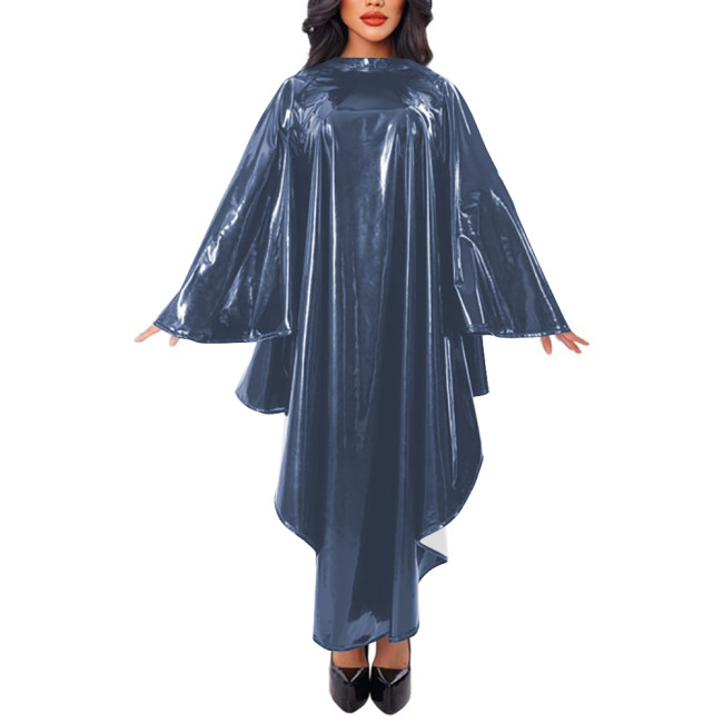 Women Cape Sleeve Loose Robe Maxi Dress Faux Leather Mock Neck Irregular Long Dress Stage Apparel Solid Cape Raincoat Clubwear