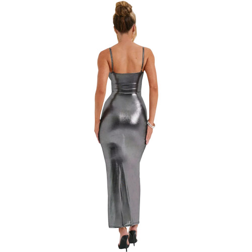 Spaghetti Strap Liquid Metallic Long Dress Sexy Tights Evening Party Vestido Elegant Ladies Soft Sparkly Maxi Dress Clubwear